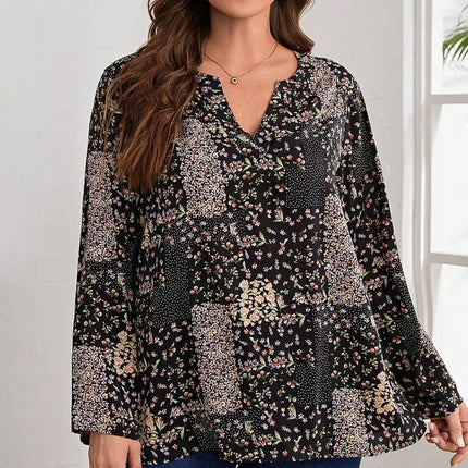 Plus Size Women's Shirt, Printed V-Neck Long Sleeves, Loose Fit, Elegant Design, Spring & Fall Fashionable Casual Vacation Top