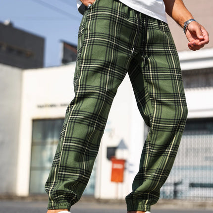 Men's Plaid Print Cuffed Casual Trousers Comfortable Sleepwear Pajamas Pants for Relaxed Style