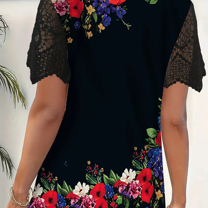 New Boho Flower Blouses Womens Fashion Shirt V-Neck Short Sleeve Flower Print Shirt Tops Casual Loose Ladies Floral Lace