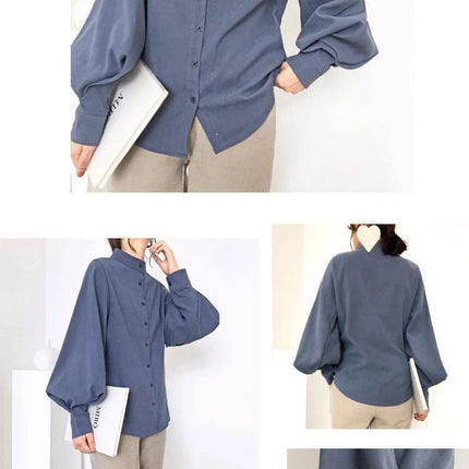 Spring Fashion Women Solid Stand Collar Casual Elegant Fashion Women's Top Clothing Blouse Shirt Lantern Long Sleeve Women's Shirts