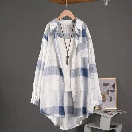 Plaid shirt midlength large size loose hip-covering sun shirt casual top long-sleeved shirt thin jacket plus size woman clothing