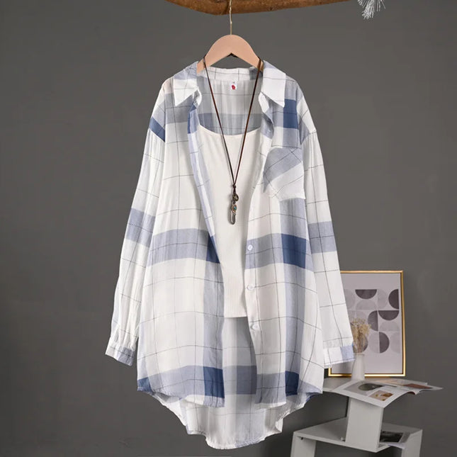 Plaid shirt mid-length oversized loose hip-covering sun shirt casual top long-sleeved shirt thin jacket plus size women's clothing