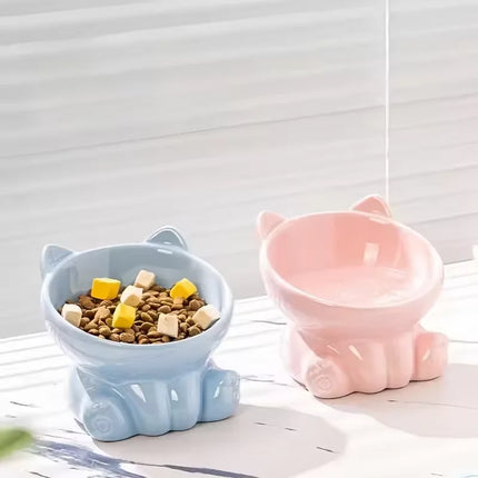 Cute Ceramic Cat Bowl with High Feet Dog Drinking Water Bowl Pet Supplies Cervical Spine Protection Diagonal Design Accessories