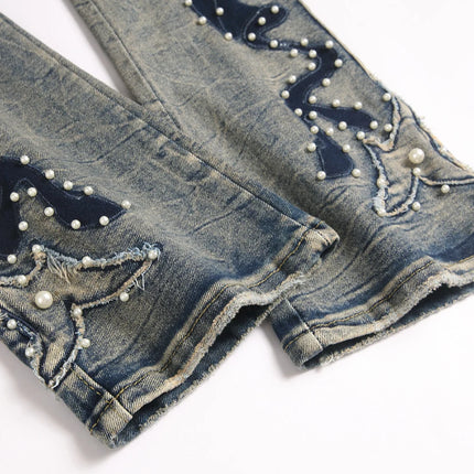 Men's Pearl Boot Cut Denim Jeans Embroidery Patch Slim Flared Pants Casual Streetwear Vintage Blue Trousers