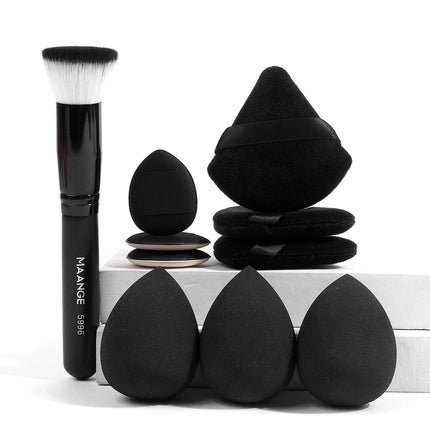 MAANGE 1PCS Foundation Makeup Brush with 9PCS Makeup Puff Contour Blush Makeup Brush Triangle Powder Puff Soft Finger Sponge