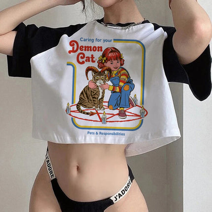 Crop Top Gothic Horror Y2k Aesthetic 90s Satan T Shirt Women Satanism Evil Demon Grim Death Tshirt Female Cropped T-shirt