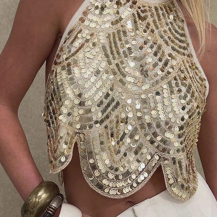 hirigin Women's Halter Sequin Tank Top Backless Tie Up Sexy Sparkly Crop Top Sleeveless Glitter Party Tops Sexy Clubwear