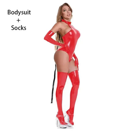 Lady Sexy Faux Leather Latex Catsuits With Belt High Cut Wetlook PU Lingerie Bodysuit Clubwear Costumes Gloves Long Stockings