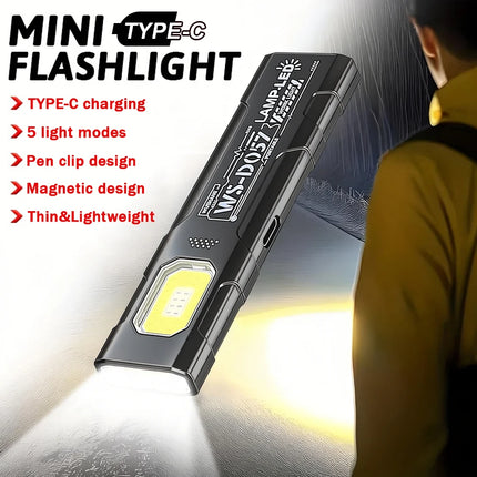 Mini Portable Rechargeable LED Torch Light, Waterproof Outdoor Work Pocket Flashlight with Magnetic Grip, Compact LED Flashlight