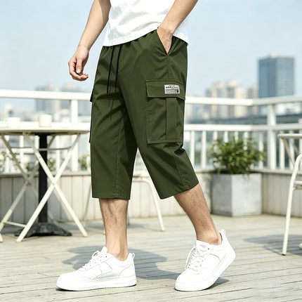 Men New Cargo Capri Pants Loose Fit Elastic Drawstring Waist Multi Pocket Outdoor Walking Holiday Summer Casual 7/8 Trousers