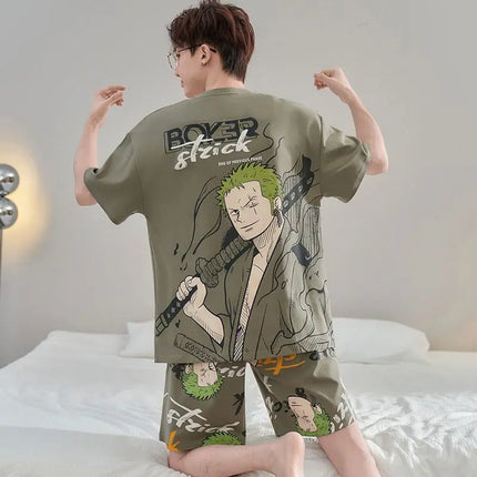 One Piece Anime Cartoon Personality Boy Short Sleeve Shorts Pajamas Creative Handsome Cotton Loungewear Set Can Be Worn Out