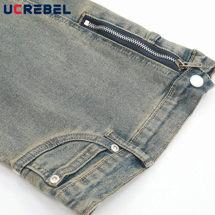 Double Knee Denim Flare Pants Mens Retro High Street Spring Loose Pocket Washed Distressed Carpenter Jeans Men