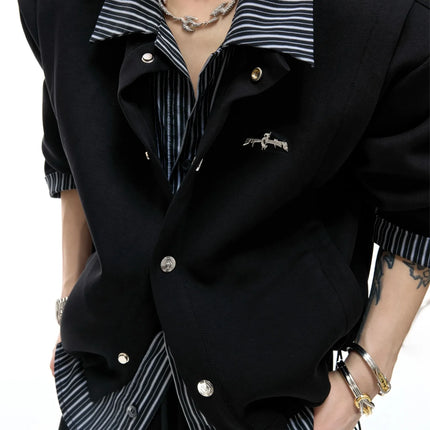 American Sle Slim Fit Striped irt Fake Two-Piece Patchwork Sweatirt Set Turn-down Collar Simple Thin Casual Jaet