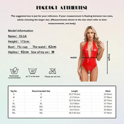 Womens Wet Look Sexy Bodysuit Patent Leather Exotic Teddies Halter Deep V Neck Crotchless Leotard Backless Sleeveless Catsuit