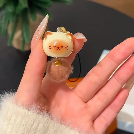 1/2PCS cute fluffy cat mobile phone talisman with pom-pom tail 3D kitten keychain bag pendant girl creative cartoon