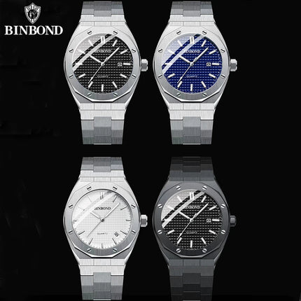 BINBOND Men's Watch Top Brand Royal Casual Men Big Dial Silver Stainless Steel Calendar Quartz Wristwatch Classic Luminous B0233