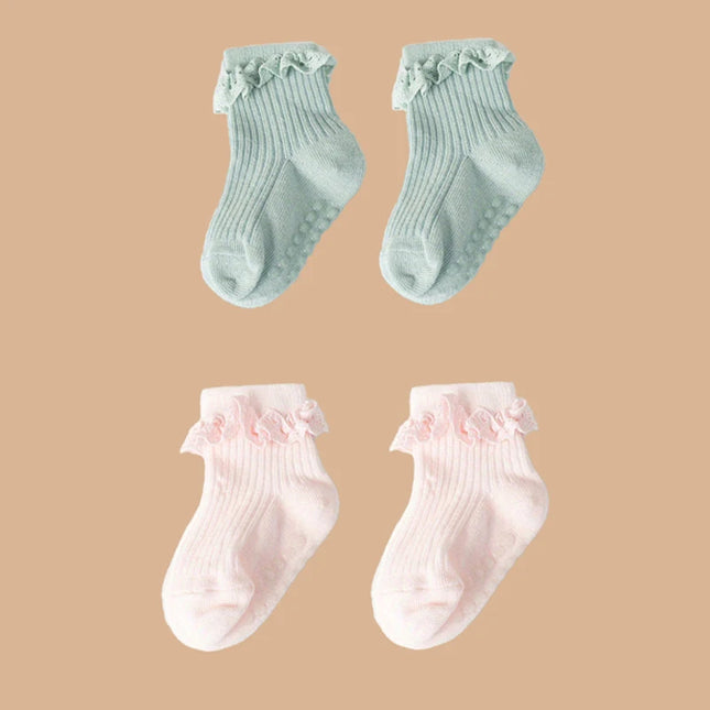 2pairs/lot Children's non slip socks for infants and young children 0-6 months girls' solid colored lace socks baby floor socks