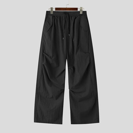 INCERUN Men's Pants Solid Color Drawstring Joggers Loose Casual Trousers For Man Streetwear 2026 Fashion Male Wide Leg Pants