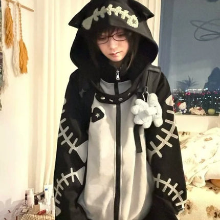 Japanese Subculture Patchwork Loose Hoodie Women Casual Punk Long Sleeve Sweet Vintage Jacket Gothic Punk Embroidery Sweatshirts