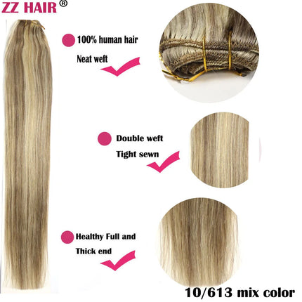ZZHAIR 100% Human Hair Extensions 16"-26" Machine Made Remy Hair Weft Weaving 100g/Pcs Straight Natural Silk Non-clips