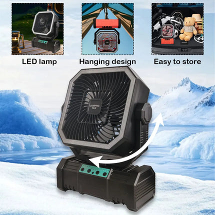 20000 mAh wireless battery-powered camping fan with LED light and remote control, 4 speeds, timer function, USB interface