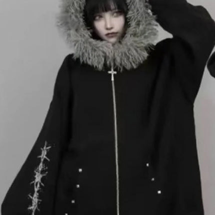 Autumn Gothic American Retro Zipper Hoodie Jacket Women Embroidery Letter Design Sweatshirt Harajuku 2000s Warm Tops Clothes
