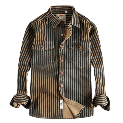 2025 Autumn And Winter New American Retro Stripe Long-Sleeve Lapel Shirt Men's Simple Fashion Washed Multi-pocket Casual Blouses