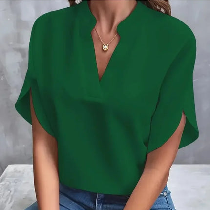 Summer Elegant Women's Blouse New V-neck Short Sleeve Solid Color Loose Shirt Casual White Tops Office Lady Blouses