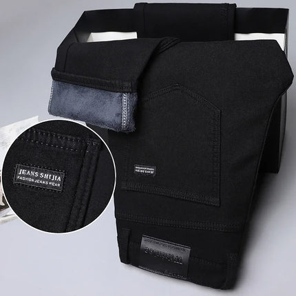2026 Brand Brushed Jeans Winter Jeans Men Slim Fit Stretch Thick Velvet Pants Warm Jeans Casual Fleece Trousers Male
