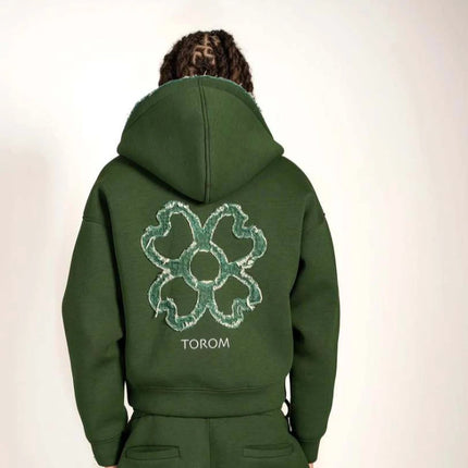New 2026 Fashion Olive Green Embroidered Zipper Hoodie & Pants Set, Men's Street Style Fashion Loose Casual 2-Piece Sportswear