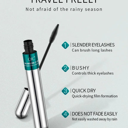 QIC Double Effect 4D Mascara Waterproof Long Curl Natural Thick Eyelash 2-in-1 Black Mascara with 2 Brush Heads