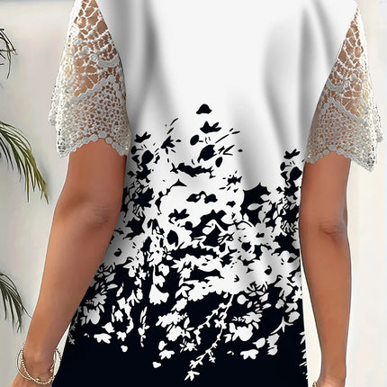 New Boho Flower Blouses Womens Fashion Shirt V-Neck Short Sleeve Flower Print Shirt Tops Casual Loose Ladies Floral Lace