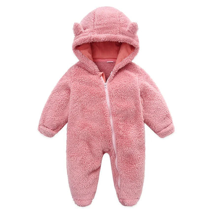 Baby Plush Rompers Autumn Newborn Boys Girls Long Sleeve Hooded Zipper Closure Jumpsuits Winter Warm Toddler Infant Outfits