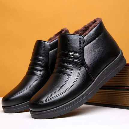 Men's Winter Thickened High-Top Cotton Shoes Warm Fleece Lined Leather Boots Anti-Slip Comfortable for Elderly And Dad