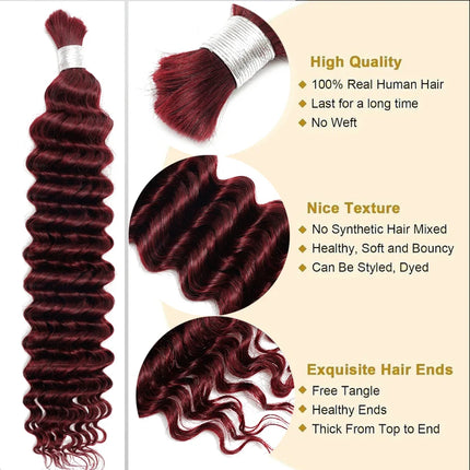 #99j Burgundy 100% Human Hair Bulk for Braiding Dark Wine Deep Wave Jerry Curly Boho Braids Hair Bulk Extension Bobbi Hair