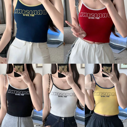 Summer Outdoor Svel Design Sensation Spicy Girl Top American Retro Color Collision Letter Print Strap Vest Women
