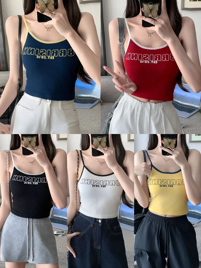 Summer Outdoor Svel Design Sensation Spicy Girl Top American Retro Color Colion Letter Print Strap Vest Women