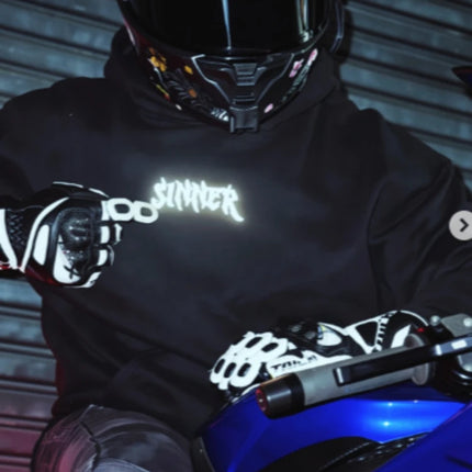 Unisex Loose Fit Pullover Hoodie Sinner Reflective Graphic Harajuku Vintage Fashion American Streetwear Mens Hooded Sweatshirt