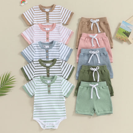 Pudcoco Infant Baby Girl Boy 2Piece Outfits Summer Striped Short Sleeve Romper Elastic Shorts Set Toddler Newborn Girl Boy 0-18M