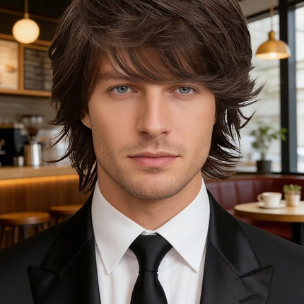 Brown Layered Wolf Cut Wig for Men, Natural Synthetic Hair with Textured Fringe for Daily and Cosplay Looks