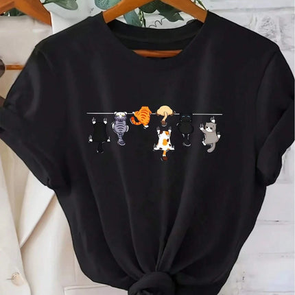 Women's Cute Cat Print Round Neck Short Sleeve Casual T-Shirt White Short Sleeve with Unique Cat Print Clothing Tee Female Tops