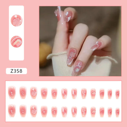 Sparkling Diamond 24 Pcs Press on Nails Pink Nail polish Glossy Artificial Finger Manicure Reusable False Nails