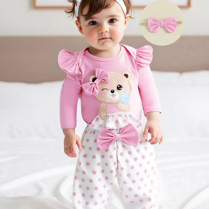 Baby Girls Fall Outfits Long Sleeve Bear Embroidery Romper and Dot Print Pants and Bow Headband