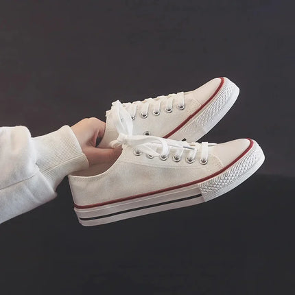 Flat Bottom Canvas Shoes Women's Versatile Low Cut Rubber Sole Pure Color Adult Slip-On Fashion Trendy White Sneakers