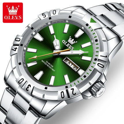 OLEVS Men's Watches Luxury Diving Series Stainless Steel Waterproof Luminous Dual Calendar Fashion Quartz Wristwatch for Men