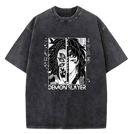 Japanese Anime Demon Slayer Printed Washed T-shirt Men Manga Casual T-shirts Harajuku Male Cotton T-shirt