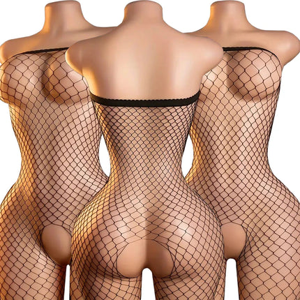 Off Shoulder Open Crotch Underwear Set Black Fishnet Hollow Bodystockings Sexy Crotchless Lingerie Women Erotic Teddy Bra Sets