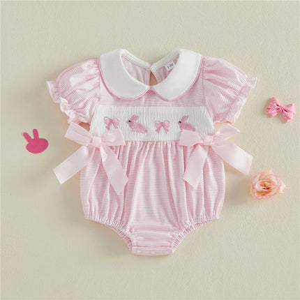 Baby Girls Easter Striped Romper Cute Bunny Embroidery Doll Collar Short Sleeve Jumpsuit Newborn Baby Girls Romper Clothes