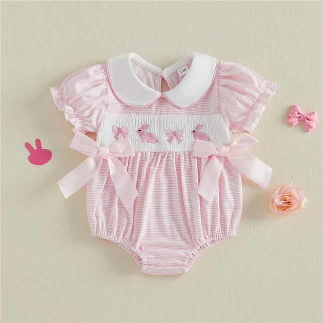 Baby Girls Easter Striped Romper Cute Bunny Embroidery Doll Collar Short Sleeve Jumpsuit Newborn Baby Girls Romper Clothes