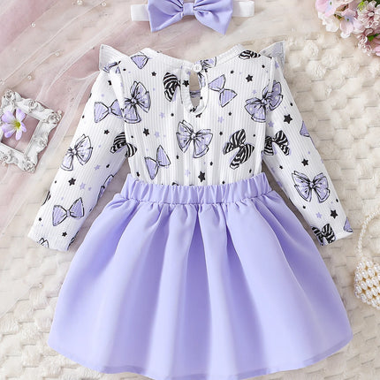 Baby girl cute cartoon bow pattern in spring and autumn, round neck long sleeved ruffle edge fake two-piece spliced dress and he